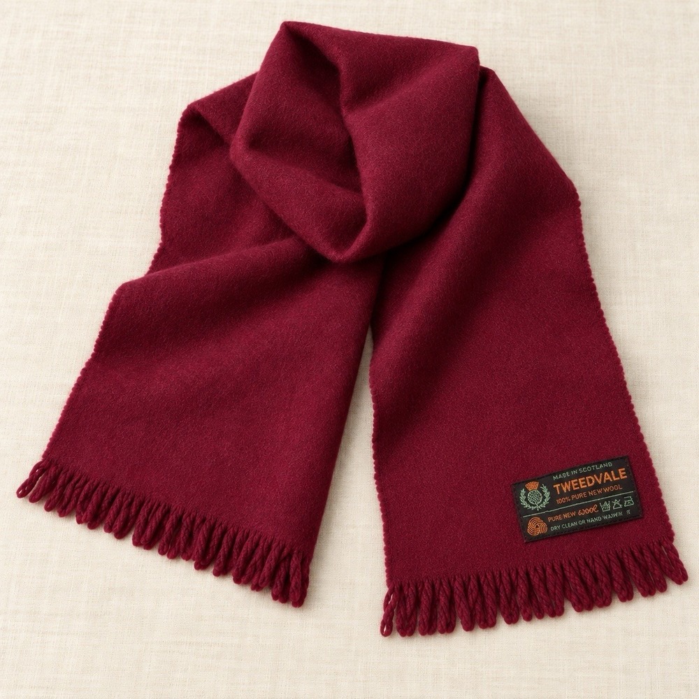 Vintage TweedVale Scotish 100% Pure New Wool Scarf 48 x 12" Burgundy Fringe